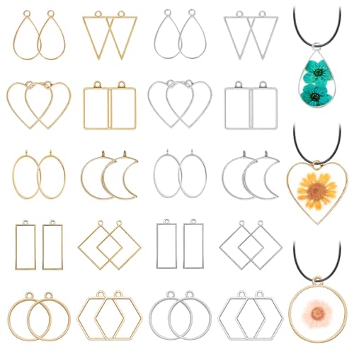 40pcs Open Bezel Pendants for Resin,2 Colors 10 Styles Assorted Geometric Hollow Frame Pendant Open Frame Pendant for Jewelry Making,Resin Casting,Pressed Flower,DIY Crafts(K Gold,White K) - color: 40pcs;K Gold,White K;10 Styles