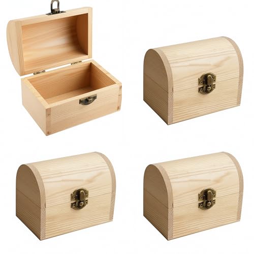 4 Pieces Unfinished Wooden Treasure Chest Box with Bronze Clasp, Pine Craft Storage Box for DIY Decoration, Small Decorative Container for Jewelry, Crafts, Keepsakes Gift Box, 4.7x3.1x3.5 Inch - size: 4-Pack Treasure Chest Boxes
