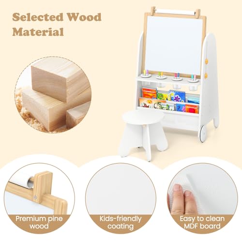 INFANS Easel for Kids with Stool, 4-in-1 Double-Sided Adjustable Magnetic Chalkboard with Paper Roll, Bookshelves, Wheels, Wooden Standing Painting Drawing Art Board for Boys Girls - style: White