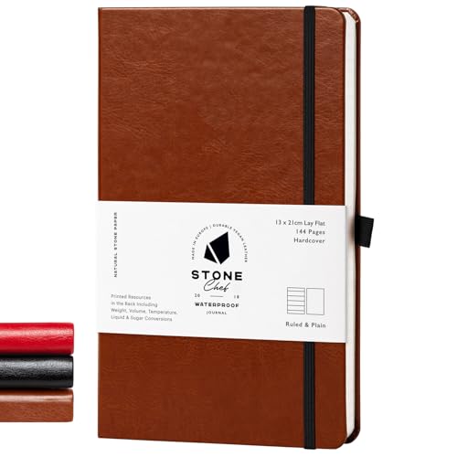 Stone Journal Chef Notebook – 13 × 21 cm Waterproof Paper, 144 Pages, Half Lined & Half Blank, Vegan Leather Hardcover, Kitchen Conversions, Premium Journal (Tan Brown) - color: Tan Brown