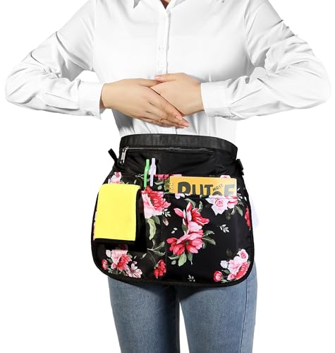 Waterproof Server Apron for Women with 5 Pockets,Quickly Put on and Take off Waitress Aprons,Work Apron for Bartender Barista - color: Peony