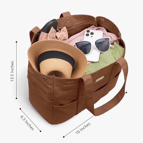 TOPDesign Large Canvas Tote Bag for Women, Shoulder Bag with Laptop Sleeve & Pockets, Everything Tote for Travel, Work (Brown) - color: Brown