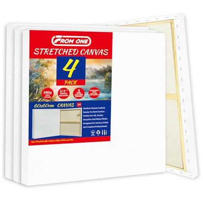 4-Pack 24x24 Square Stretched Canvas Cotton for Oil & Acrylic (60 x 60 cm) | 60x60cm, 380gsm 100% cotton, triple acid-free gesso, no bleed warp resistant, for oil, acrylic, mixed media - size: 4PK - 24"x24"