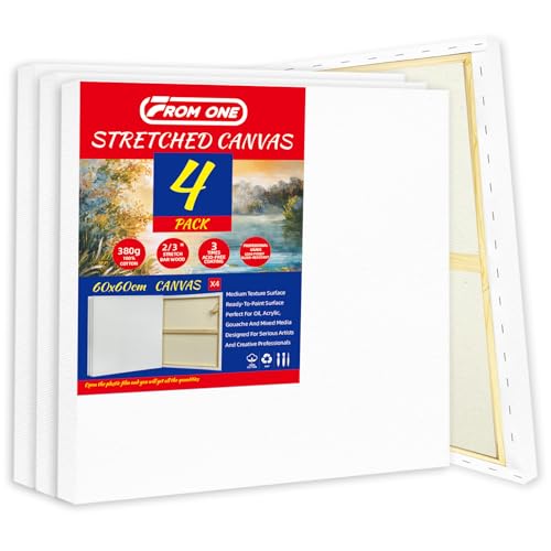 4-Pack 24x24 Square Stretched Canvas Cotton for Oil & Acrylic (60 x 60 cm) | 60x60cm, 380gsm 100% cotton, triple acid-free gesso, no bleed warp resistant, for oil, acrylic, mixed media - size: 4PK - 24"x24"