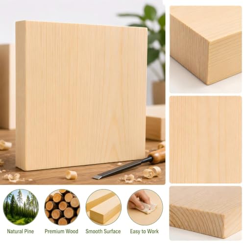 Unfinished Wood Blocks for Crafting, 4 Pack 6 x 6 x 1 Inch Solid Pine Wood Carving Blocks for DIY Carving, Whittling, Painting, Engraving, Art Classes and Photo Display - size: 6x6x1 Inch