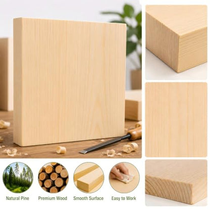 Unfinished Wood Blocks for Crafting, 4 Pack 6 x 6 x 1 Inch Solid Pine Wood Carving Blocks for DIY Carving, Whittling, Painting, Engraving, Art Classes and Photo Display - size: 6x6x1 Inch