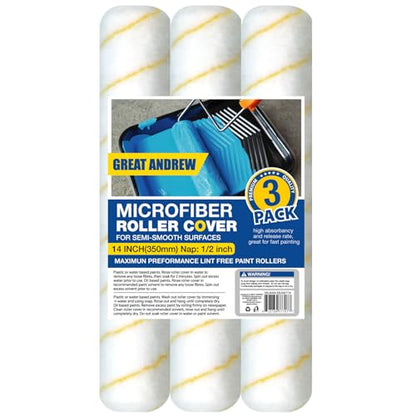 Great Andrew 3-Pack Paint Roller Covers, 14 Inch 1/2" Nap Microfiber Roller Sleeves for Walls, Ceilings, Smooth & Semi-Smooth Surfaces - size: 3pcs,14",Microfiber
