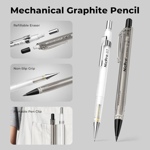 Nicpro Professional Mechanical Pencil Set – 0.5 0.7 0.9 mm Drafting Pencils & 3PCS 2mm Lead Holder, 6PCS Drawing Pencil Kit with Case, Lead Refills & Erasers for Sketching, Writing, Drafting - style: 0.5 0.7 0.9 2.0