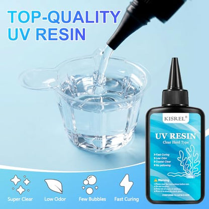 KISREL UV Resin Jewelry Making Kit, 200g Crystal Clear Resin with Light and Molds, DIY Jewelry Making Kit, Resina Starter Kit for Keychain and Earring - size: UV200g+8Lamp Beads