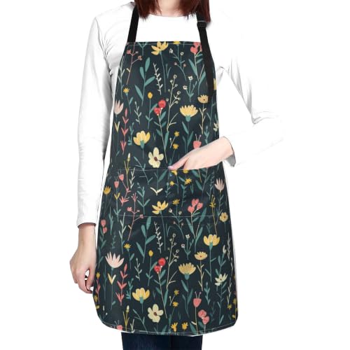 Cream Pastel Wildflower Art Waterproof Apron with Pockets | Garden Aprons for Men Women Adjustable Bib Apron for Cooking Kitchen Baking BBQ Painting Housework Oil Resistant - color: Effulgent Petal Tapestry