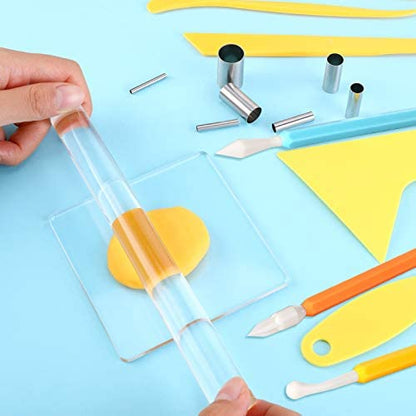 Honoson 24 Pcs Clay Sculpting Tools Kits Polymer Clay Tools DIY Set with Roller, Acrylic Sheet, Scraper Backing Board, Round Circle Shape Cutter, Shaping for Art Craft(Colorful) - color: Colorful