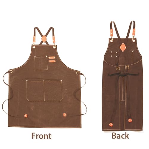 Multi-Pocket Waterproof Oil-Proof Canvas Cotton Apron Cross-Back Adjustable Straps For Chefs Barbers Carpenters - color: Brown