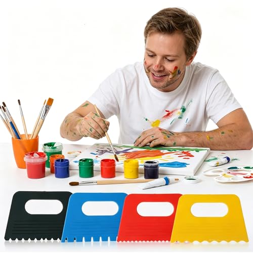 4 Pack Textured Art Tools for Plaster Plastic Paint Scraper Tool, Art Paint Scraper Kit DIY Graffiti Oil Painting and Drawing Play for Texture Arts on Canvas Putty Pottery Acrylic