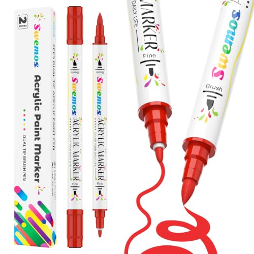 2 Red Paint Marker Acrylic Pens for Fabric Rocks Canvas Ceramic Glass | Suitable for Almost All Surface - color: Red, size: 2