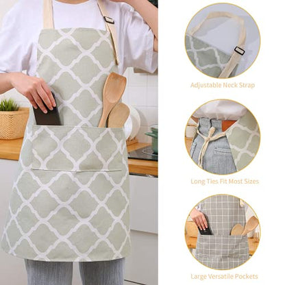 Tosewever 2 Pack Cotton Adjustable Bib Apron for Women, Cooking Kitchen Aprons with Pockets BBQ Drawing, Mom Woman Men Chef (Cotton - Grey/Green, 2) - color: Cotton - Grey/Green