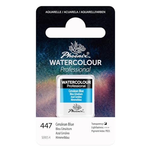 PHOENIX Professional Watercolor Paint - Single Watercolor Half Pan - Cerulean Blue 447 - color: Cerulean Blue, size: 1 Count (Pack of 1)
