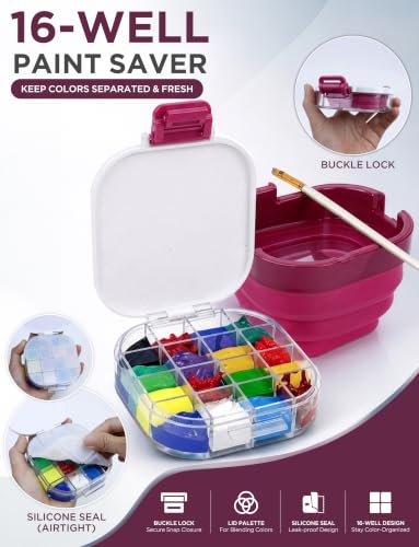 16-Well Airtight Gouache Palette Box with Lid & Foldable Water Cup, Pink | Compact Travel Design, Refillable Paint Storage Suitable for Watercolor & Acrylic - color: Pink