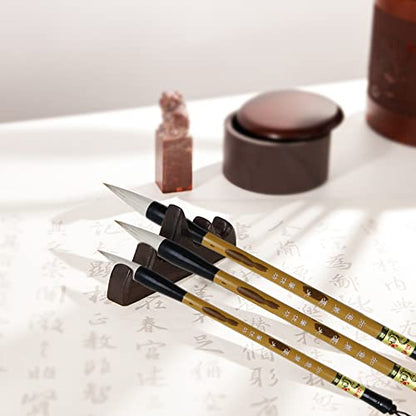 3 Sizes Chinese Writing Brush with Wood Rack Pen Rest, Calligraphy Brush Set, Sumi Painting Drawing Brushes, Kanji Art Brushes for Professional Beginners (Large, Medium, Small Size)