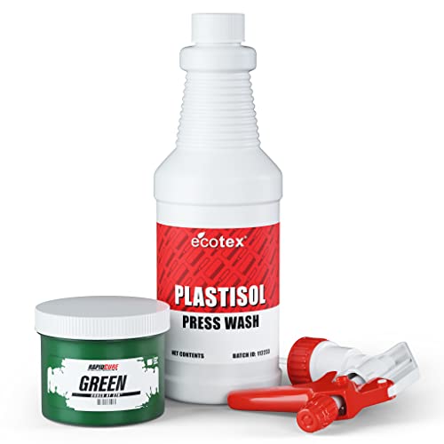 Rapid Cure® Green Plastisol Ink (8 oz.) and Ecotex® Plastisol Press Wash (Pint - 16oz) - Ink for Screen Printing Fabric, Screen Printing Cleaner/Degreaser - Silk Screen Press Wash/Plastisol Ink - color: Green