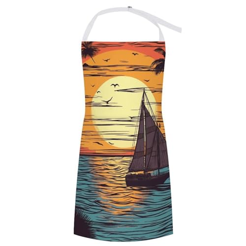 Bib Aprons Waterproof Chef Apron Fashion Painting Artist Apron | Sunset And Sailboat Apron for Men Women Adjustable Cooking Apron Funny Kitchen Aprons Polyester Art Aprons