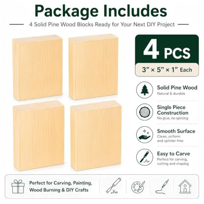 Unfinished Wood Blocks for Crafting, 3X5X1 Inch Wood Carving Blocks, 4 Pcs Solid Pine Wood Blocks for Craft DIY Wood Carving Painting Wall Decorations for Beginners and Adults - size: 3x5x1 Inch