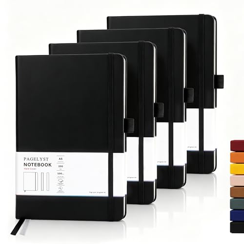 PAGELYST Graph Grid Paper Notebook, 200 Pages,4 Pack Leather Hardcover Notebook, A5 Medium 5.7'' x 8.3'', 100 GSM Thick Paper for Students, Math, Engineering (Black) - color: Black, size: A5-Grid