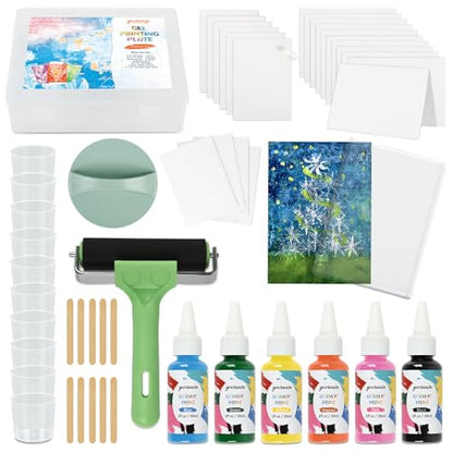 Gel Printing Plate Kits with Paints, Brayer, Baren, Stencils, Washi Stickers, Mixing Cups, Sticks , Blank Cards And Envelopes Storage Case 5X7 Gel Plate for Printmaking Supplies for Art And Crafts