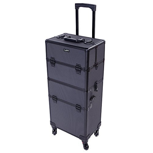 mefeir 2 in 1 Rolling Makeup Train Case Professional Cosmetic trolley on Wheels Aluminum Nail Cart Cosmetic Suitcase for professional makeup artist, Luggage Lockable w/4 Removable Wheels (Black) - color: 2IN1 Black