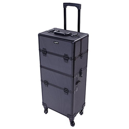mefeir 2 in 1 Rolling Makeup Train Case Professional Cosmetic trolley on Wheels Aluminum Nail Cart Cosmetic Suitcase for professional makeup artist, Luggage Lockable w/4 Removable Wheels (Black) - color: 2IN1 Black