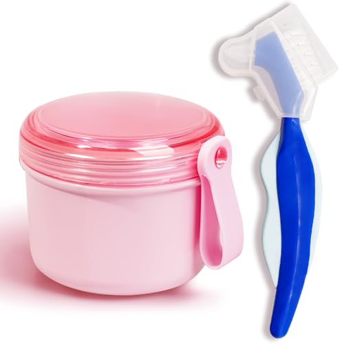 Denture Case with Denture Brush, Waterproof Denture Bath with Portable Denture Brush Holder,Partial Denture Case with Basket denture cups for soaking dentures (pink) - color: pink