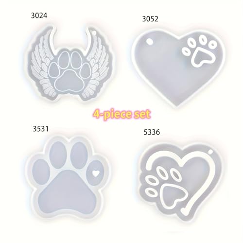Pet Paw Keychain Resin Molds, 4-Piece Set with Heart and Angel Wing Designs, Silicone Molds for DIY Keychains, Epoxy Resin Silicone Molds