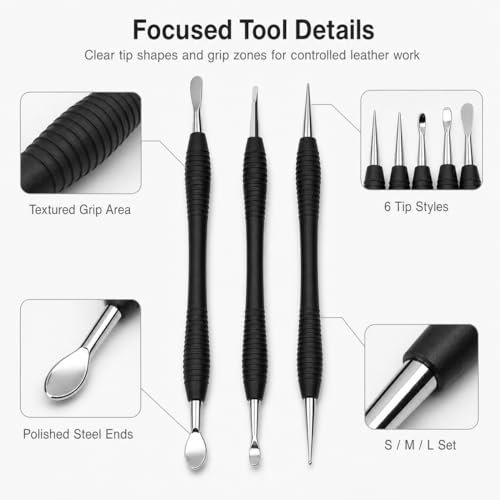 QWORK Leathercraft Modeling Tools Set, 3Pcs Leather Carving Modeling Tools (S/M/L) with Red PVC Pouch, Leather Stamping and Figure Carving Kit