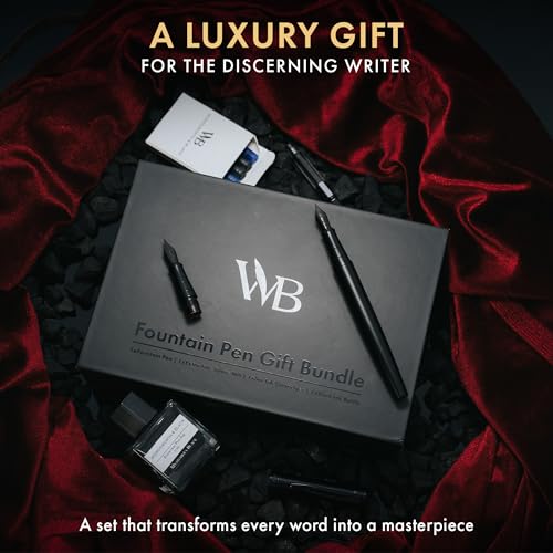 Wordsworth & Black Fountain Pen Set, 18K Gilded Medium and Extra Fine Nib, 25ML Black Ink Bottle, 6 Ink Cartridges,Refill Converter,Gift Box,Smooth Writing Pens [All Black],Gift Set for Men and Women - color: All Black