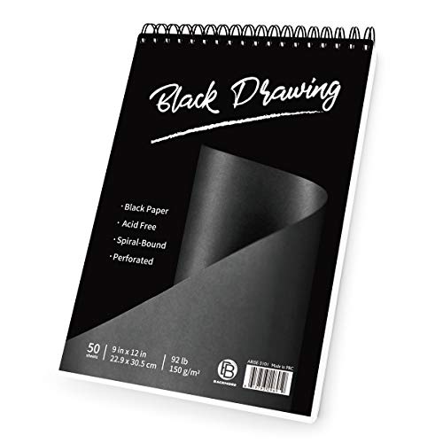 Bachmore Black Drawing Pad, 9X12 inch (92lb/150gsm), 50 Sheets of Top Spiral-Bound, Perforated,Heavyweighted Paper for Graphite, Acrylic, Colored Pencils, Charcoal, Opaque Inks, Gouache & Pastels - size: 9X12
