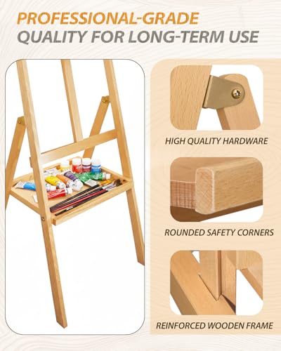 Adjustable Wooden Art Easel Stand for Painting, Solid Beech Wood Easel Stand with Storage Tray,Floor Standing Paint Art Easel,Large Easel Painting for Students Studio - style: Easel