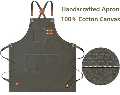 AFUN Aprons for Men Women with Large Pockets, 16-Ounce Cotton Canvas Cross Back Apron - color: Grey Green