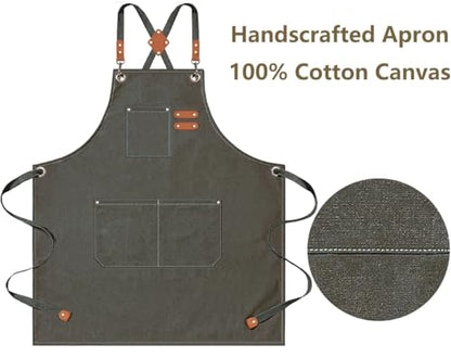 AFUN Aprons for Men Women with Large Pockets, 16-Ounce Cotton Canvas Cross Back Apron - color: Grey Green