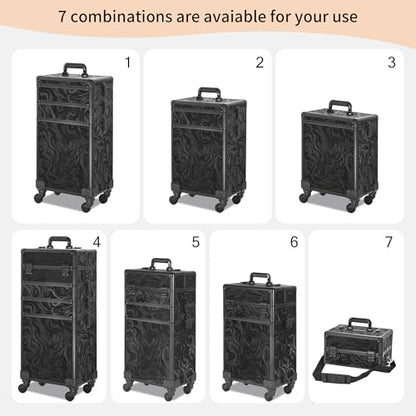 Somduy Rolling Makeup Case, Makeup Train Case with Lid, 5 in 1 Cosmetology Case on Wheels, Christmas Gift, Large Makeup Organizers, Profesional Cosmetic Case for Salon Barber, Pattern Black - color: Pattern Black