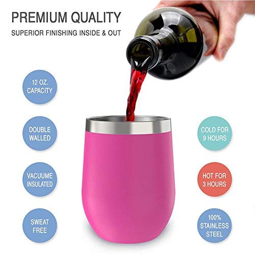 CHILLOUT LIFE 12 oz Stainless Steel Wine Tumbler with Lid - Double Wall Vacuum Insulated Wine Cup Glass Keeping Cold & Hot for Coffee, Champagne, Cocktails, Ice Cream - Powder Coated Pink - color: Hot Pink, style: 1 Pack