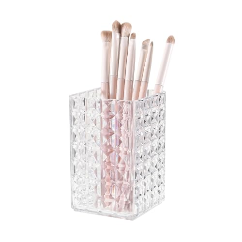 DASITON Makeup Brush Holder Organizer, Acrylic Makeup Brush Cup, Diamond Striped Make Up Brush Holder for Vanity, Bathroom Countertop, Toothbrush Holders, Pen Holder for Desk Storage (Clear) - color: Clear