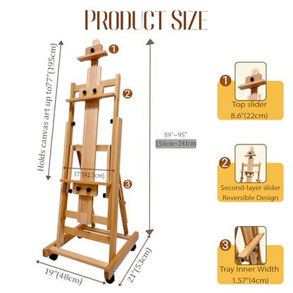 H-Frame Easel for Painting, Adjustable Beech Wood Studio Floor Easel, Holds 2 Canvases up to 77" with Tilting Flat, Heavy Duty Artist Easel Stand for Adults, All Media Versatile