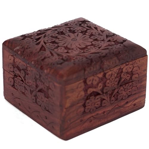 GURU JEE Wooden Hand Carved Keepsake Box Jewellery Armoire Chest Organiser Perfect Unique Gifts Ideas For Women - color: FLWD_4X4