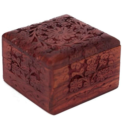 GURU JEE Wooden Hand Carved Keepsake Box Jewellery Armoire Chest Organiser Perfect Unique Gifts Ideas For Women - color: FLWD_4X4