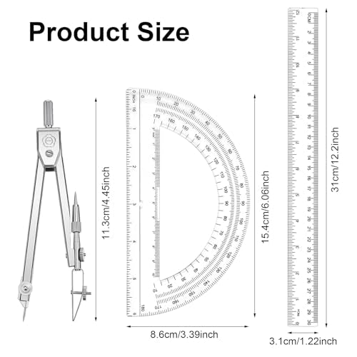 Student Geometry Math Set, 12 Inch/30cm Clear Plastic Ruler, 6 Inch Clear Protractor, Drawing Compass, Ruler Protractor and Compasses Set for School, Office, Classroom, Math Drawing, Drafting, Art