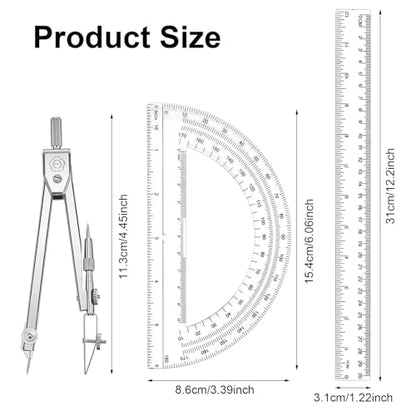 Student Geometry Math Set, 12 Inch/30cm Clear Plastic Ruler, 6 Inch Clear Protractor, Drawing Compass, Ruler Protractor and Compasses Set for School, Office, Classroom, Math Drawing, Drafting, Art