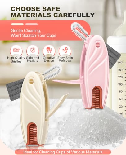 4 in 1 Cup Lid Gap Cleaning Brush Set 2 Pcs - Multifunctional Bottle Cleaning Brush Tools for Home Kitchen and Travel Cleaning | Portable Silicone Cup Lid Cleaner in 2 Colors (Beige & Pink) - color: Beige & Pink