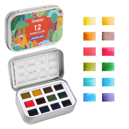 Grabie Pocket Watercolor Set of 12, Travel Watercolor Paint Set, Watercolor Paints, Art Supplies for Painting, Great Watercolor Set for Artists, Amateur Hobbyists and Painting (Landscape Colors) - color: 12 Colors - Landscape