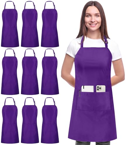 Utopia Kitchen 10 Pack Bib Apron Adjustable with 2 Pockets, Water and Oil Resistant, Cooking Kitchen Chef Apron for Women Men - color: Purple