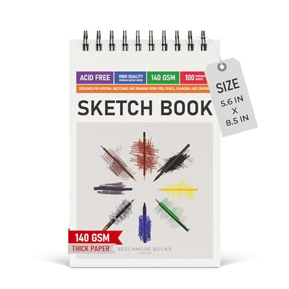 BEECHMORE BOOKS 5.6"x8.5" Spiral Sketchbook – 140 GSM Acid-Free Paper, 100 Perforated Pages, A5 Art Sketch Pad for Drawing & Sketching, Artists, Adults - size: A5 (5.6" x 8.5")