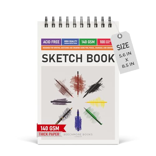 BEECHMORE BOOKS 5.6"x8.5" Spiral Sketchbook – 140 GSM Acid-Free Paper, 100 Perforated Pages, A5 Art Sketch Pad for Drawing & Sketching, Artists, Adults - size: A5 (5.6" x 8.5")